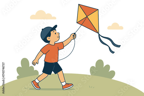 Child flying kite outdoors in minimalist style with blue and orange colors