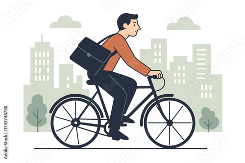 City commuter cycling through urban landscape in minimalist style art