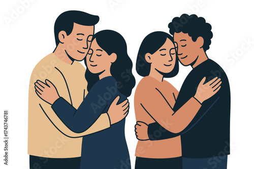 Warm embrace: diverse couples in a heartfelt hugging scene