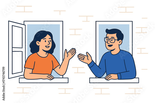 Neighbors connecting through open windows in a friendly conversation