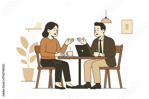 Casual office meeting in a cozy coffee shop setting with lively discussion