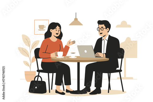 Two colleagues in modern office cafe setting engaged in friendly conversation