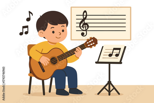 Child playing guitar with musical notes in cozy room setting