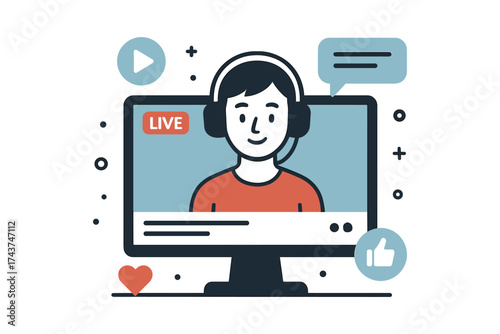 Live streaming concept with host in headphones on screen
