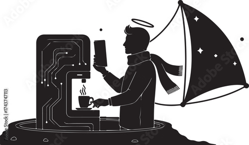 Silhouette of a man with halo and scarf making coffee at a machine under a starry umbrella representing a coffee angel