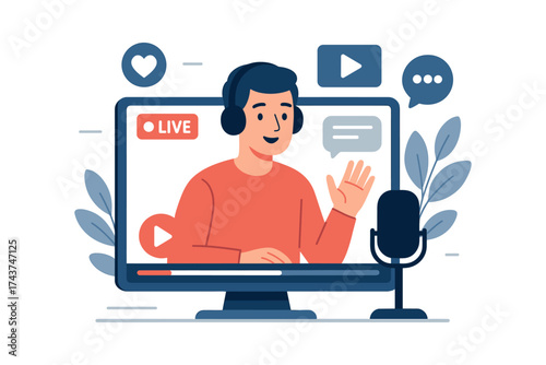 Online streaming concept with flat design influencer and interactive elements