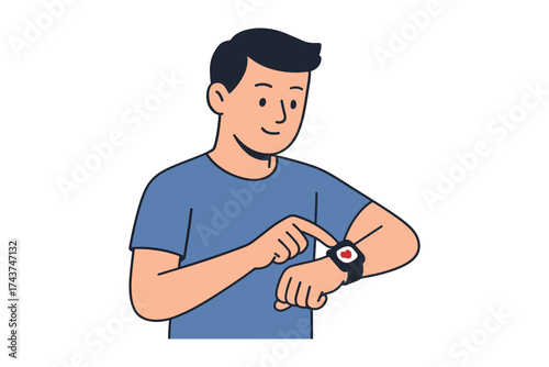 Man checking smartwatch time with finger in casual outfit
