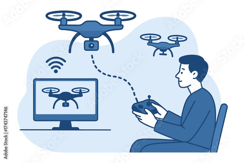 Man controlling quadcopter drones via remote and screen in minimalistic style