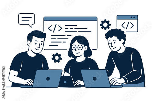 Collaborative team coding in modern flat design style