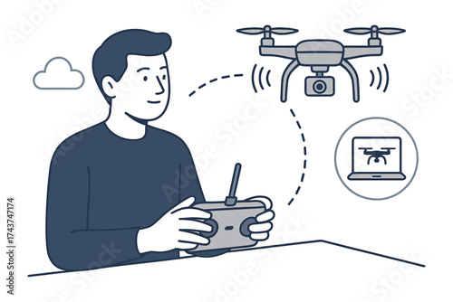 Drone pilot operating remote control for aerial camera navigation in modern technology style