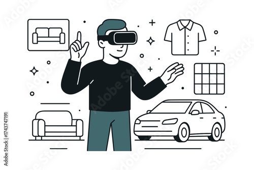 Man using virtual reality headset for shopping with interactive icons in minimalist design