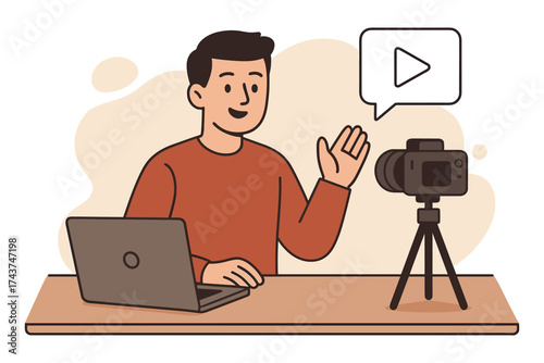 Content creator filming video with camera and laptop in minimal flat design