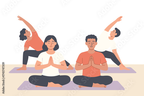 Group yoga session: diverse individuals practicing relaxation and stretching poses in flat style