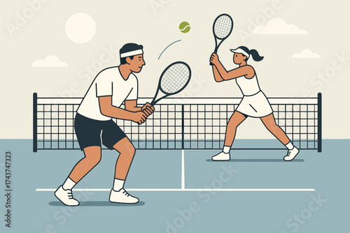 Dynamic tennis match with players in action on court