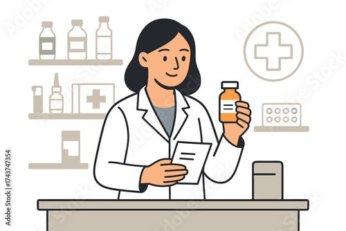 Female pharmacist in pharmacy with medication and prescription in minimal style