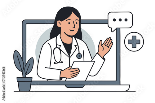Telehealth consultation: friendly female doctor on laptop screen in flat style