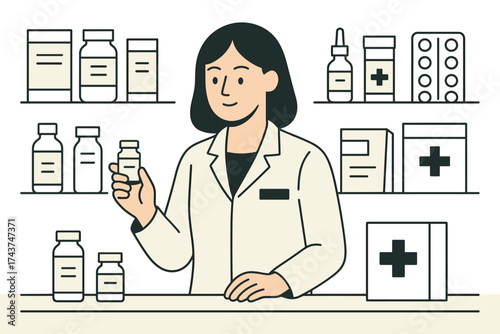 Friendly pharmacist in pharmacy with medicine shelves and bottles in minimalist style