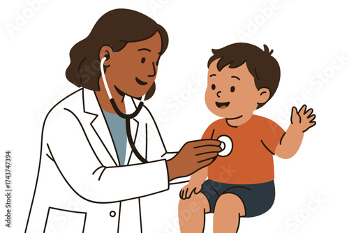Caring doctor checking happy child with stethoscope on white background