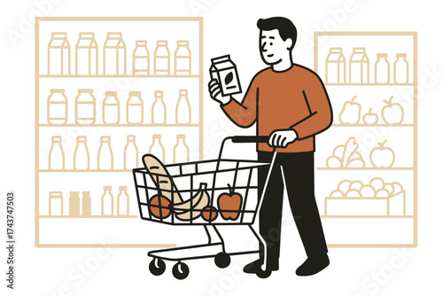 Flat design of man grocery shopping with cart and groceries in supermarket