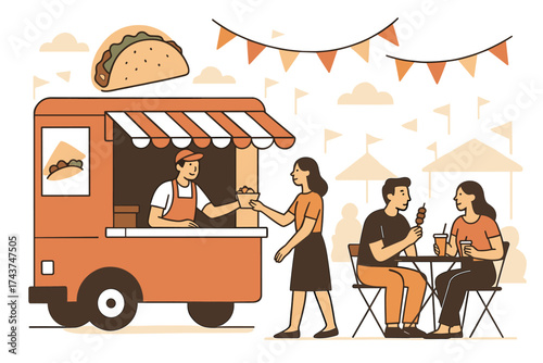 Food truck festivity: flat style street food scene with people enjoying snacks