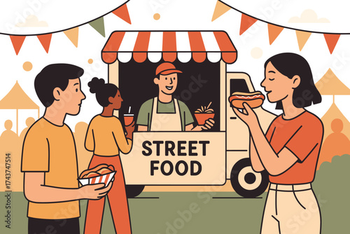 Street food truck scene with happy customers and vendor in colorful setting