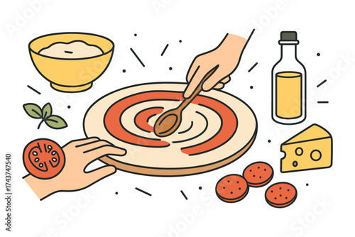 Flat design pizza making process with ingredients and hands creating delicious dish