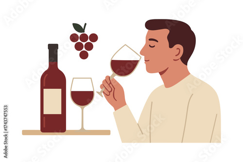 Man enjoying wine tasting with bottle and glasses in flat design