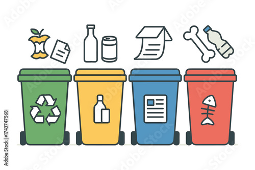 Recycling bins and waste icons in simple colorful linear style for environmental awareness