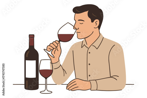 Wine enthusiast tasting red wine in minimalist style with bottle and glass