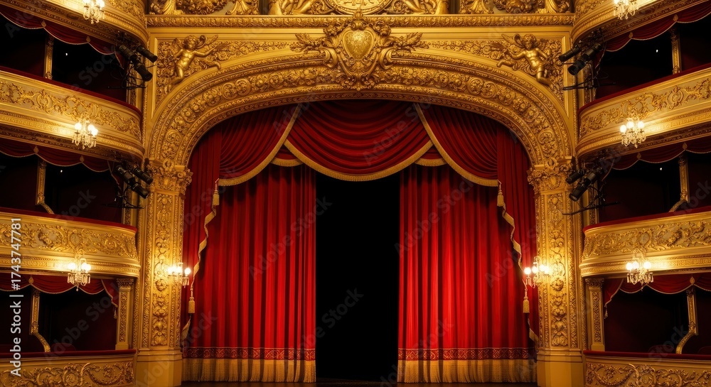 Naklejka premium A luxurious theater stage features rich red velvet curtains partially opened to a dark background Ornate gold architecture frames the stage and surrounding tiered boxes with chandeliers and spotlights