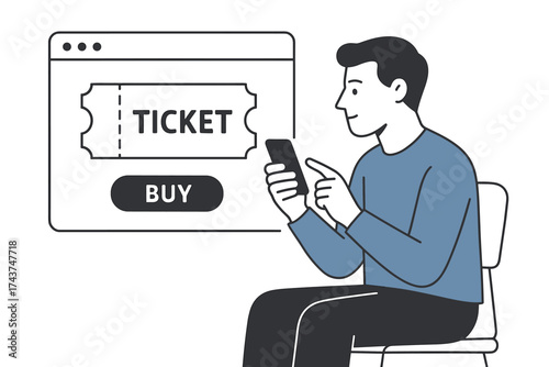 Online ticket purchase concept with mobile device in minimalist style
