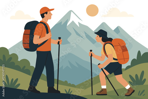Flat style hiking scene with two people trekking in scenic mountain landscape