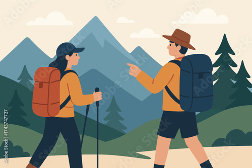 Outdoor adventure: hiking couple exploring mountains in flat art style