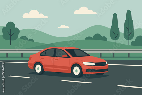 Red sedan driving on highway with scenic green landscape in flat style