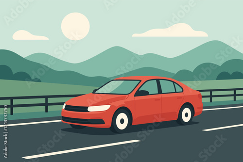 Flat red sedan driving on scenic mountain highway with blue sky and sun