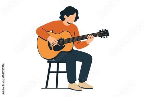 Flat illustration of person playing acoustic guitar on a stool