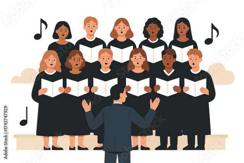 Choir performance: diverse group singing with conductor in minimalist style