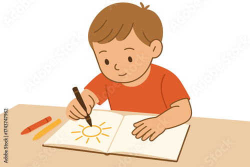Child drawing with crayons: cute cartoon art of kids creativity and imagination
