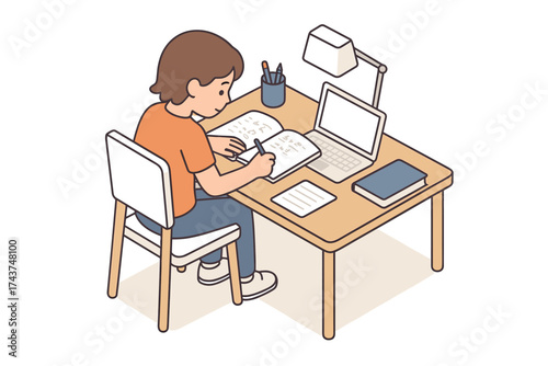 Isometric kid studying at desk with laptop and books for homeschool or online learning