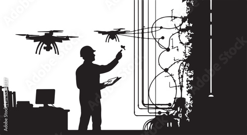 Silhouette of an engineer using drones for inspection of electrical power lines and infrastructure with a computer interface