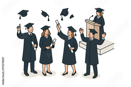 Isometric graduation celebration with happy students in caps and gowns throwing hats