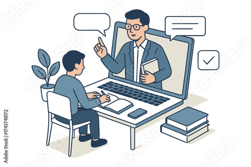 Online learning session with virtual teacher and student in isometric style
