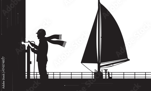 Silhouette of a lone sailor with a long scarf standing on a deck next to a sailboat against a bright sky