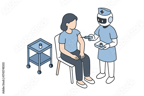 Isometric robot nurse administering vaccine to patient in healthcare setting