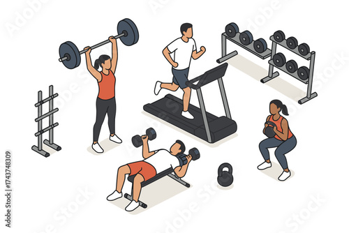 Isometric fitness gym scene with people exercising and training equipment