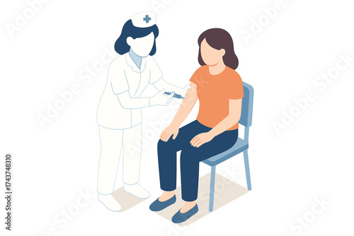 Isometric healthcare scene: nurse administering vaccine to patient in clinic
