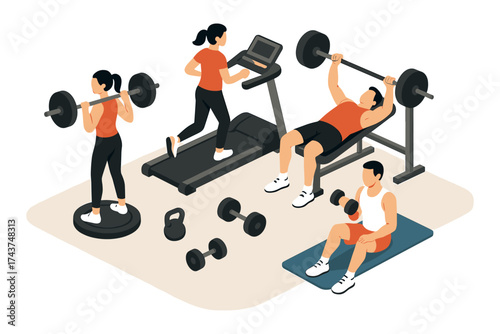 Isometric gym scene with people exercising and lifting weights