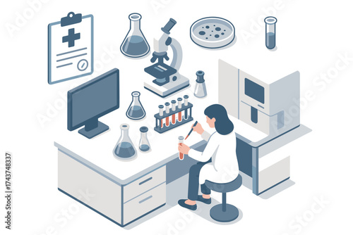 Laboratory isometric design with scientist performing research and modern equipment