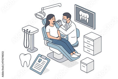 Dental checkup isometric scene with dentist and patient in modern clinic