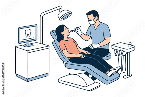 Dentist examining patient in modern dental clinic cartoon